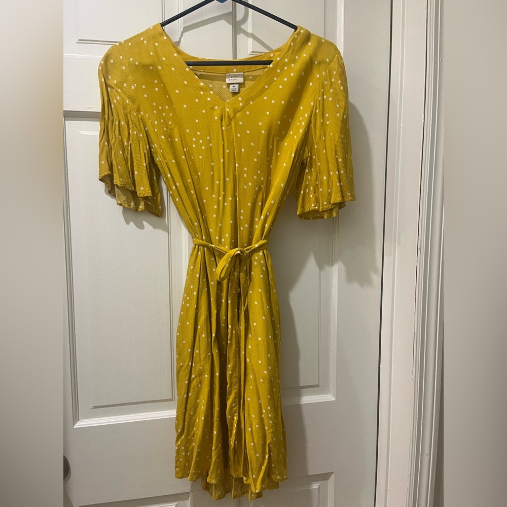 A New Day Yellow Polka Dot Midi Dress with Tie Waist